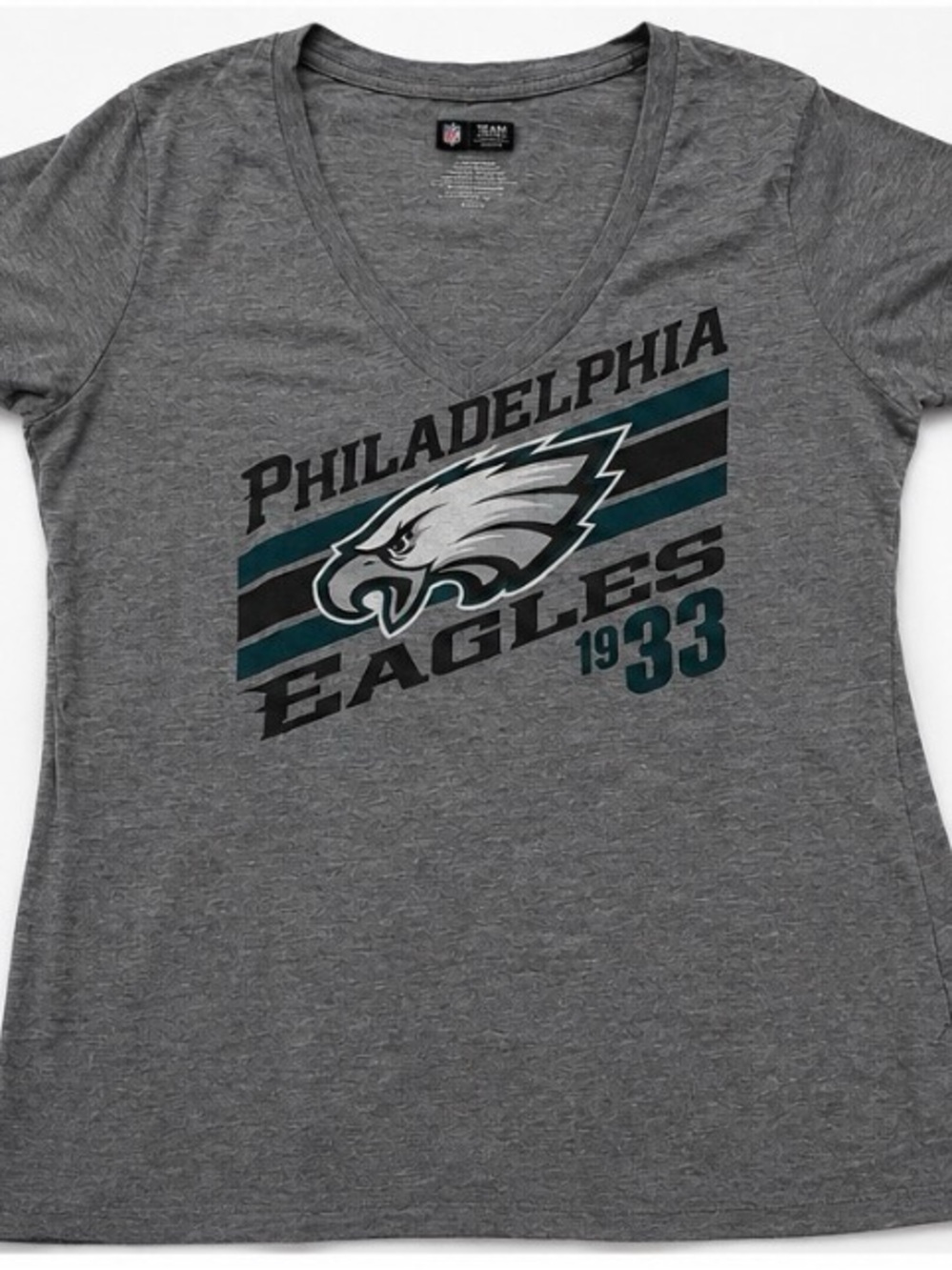 NFL Philadelphia Eagles Women's Gray V-Neck Tee with Teal Accents
